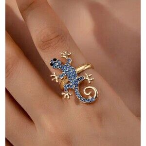 Gold Blue Rhinestones Gecko Lizard Adjustable Ring Black Eyes